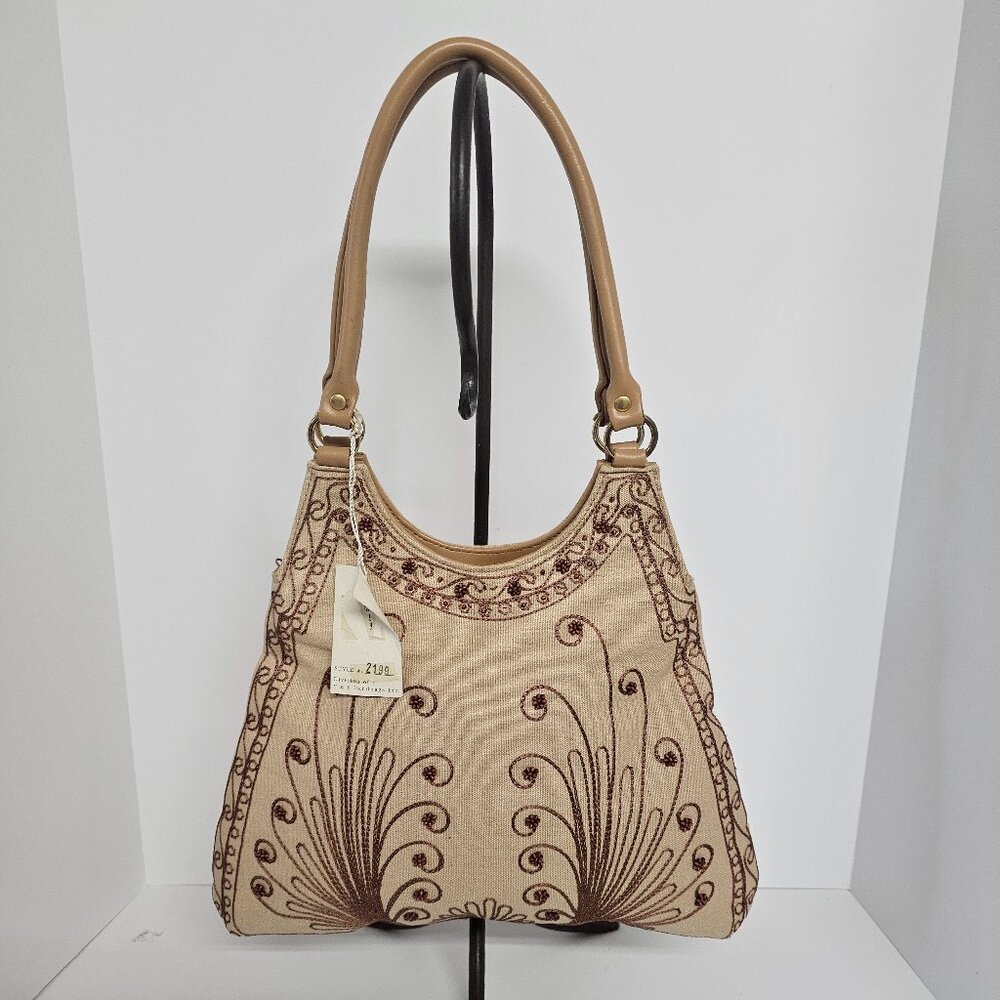 Prezzo Shoulder Bag Beige Beaded Boho Retro Canvas Faux Leather NWT